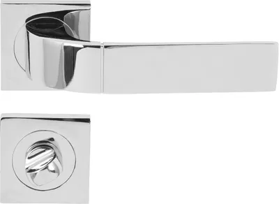 Produktbild von DOMINO Türgriff Drückergarnitur WC - Badezimmer Set | mit quadratischen Rosetten | für Badezimmertüren | Set WC - Rosetten-Garnitur | Türbeschläge aus Aluminium |Chrom Türdrückergarnitur | FOKUS-QR M6