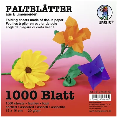 Produktbild von Blumenseide Faltblätter 20g/qm 16x16cm VE=1000 Blatt 10 Farben sortiert