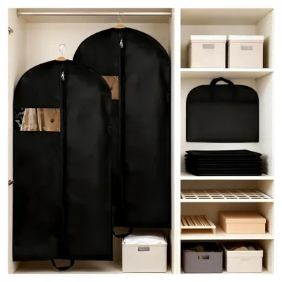 Produktbild von 2 Stück Kleidersack 120 × 60 cm, Staubdichte Anzugtasche mit Reißverschluss und Griffen (Schwarz)