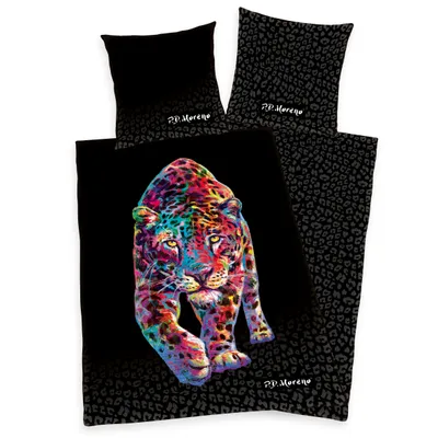 A bedding set with a colorful leopard print.