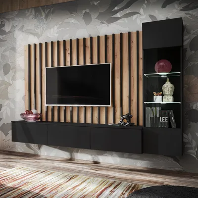 Produktbild von Wohnwand 220cm, schwarz mit Eiche, VENOSA-164