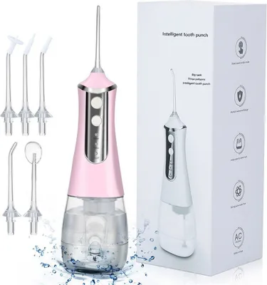 Produktbild von Munddusche, Professionelle Elektrische Kabellose Munddusche, Munddusche Zahnreiniger Wasser Flosser Oral irrigator, 3 Modi, IPX7 Wasserdicht mit 5 Düsen, USB-Ladekabel, 350ML Rosa