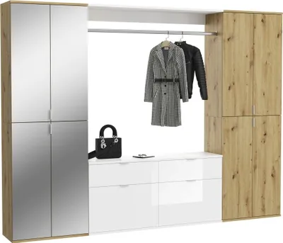 Immagine prodotto di Armadio con 8 ante, 4 specchi, 4 cassetti e un guardaroba – Bianco e rovere – BODITE