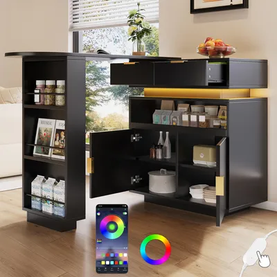 Produktbild von Merax Ausziehbarer Bartisch & Kücheninsel, 360° drehbar, LED-Beleuchtung, Stauraum und ausziehbare Arbeitsplatte, Küchentisch, Schwarz