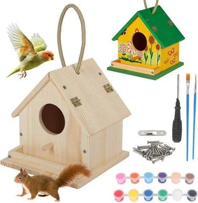 Produktbild von Vogelhaus aus Holz zum Bemalen - inklusive Bastelset mit 6 Farben