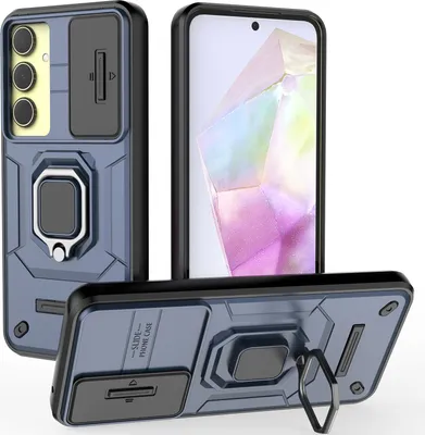 Image de Étui pour Samsung Galaxy A35 étui double couche avec protection coulissante de l'appareil photo et support d'anneau, stand bleu