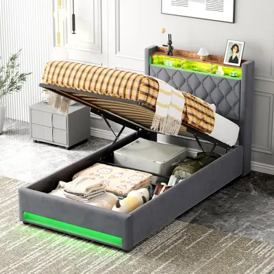 Produktbild von MODFU Boxspringbett 90×200 mit bettkasten,Polsterbett mit Stauraum,Funktionsbett mit USB-Anschluss & LED-Licht,Sicheres Design mit gepolsterten Kanten