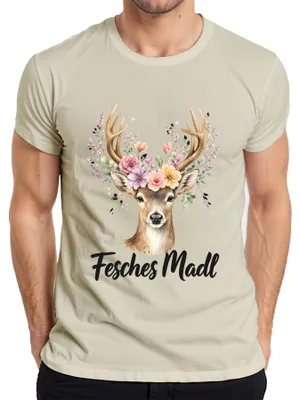 Produktbild von Fesches Madl Reh Hirsch Blumen Geweih Tracht Bayern Lederhose Herren T-Shirt, Natur, 3XL
