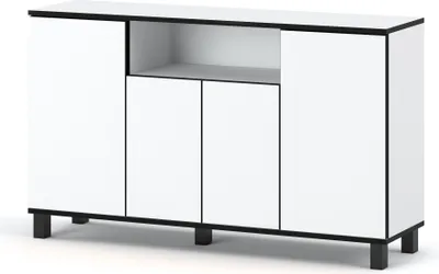 A white sideboard with black trim and legs is shown against a white background.