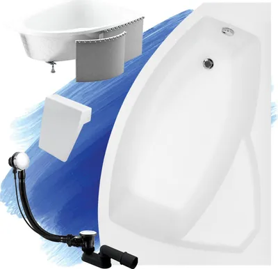 Image de Baignoire Acrylique 4 en 1 Asymétrique 130x85 Droit Blanc + Cabine Styrofoam + Appui-tête Blanc, Siphon Premium Moderne et Cadre | BADLAND RIMA