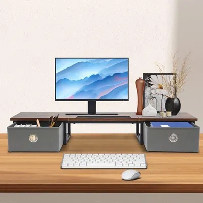 Immagine prodotto di Supporto per monitor con cassetto - Marrone - Realizzato in cartone pressato e acciaio - Adatto per laptop fino a 24 pollici