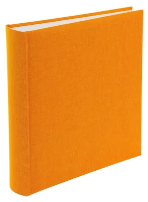A closed orange photo album is shown from a slightly angled side view against a white background.