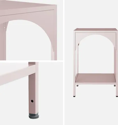 A pink side table with an arched opening and a lower shelf, shown in a studio setting with a white background. The image is composed of a main view of the table and two close-up detail shots.