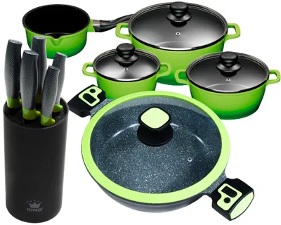 Produktbild von 11tlg. KING Vorteilsset GRÜN: 4tlg. Kochtopfset Aluguss Grün, 3xKochtöpfe in Ø16,Ø20,Ø24cm, 1xStieltopf Ø16cm + 6tlg. Messerset KING® CARBON GREEN LINE + Ø28cm Servierpfanne ca. 7.5cm hoch Click-Grip Aluguss Farbe: Grün
