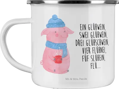 Produktbild von Mr. & Mrs. Panda Emaille Tasse Schweinchen Glühwein - Weiß - Geschenk, Becher, Teetasse, Weihnachtsmarkt, Betrunken, Spruch, metallbecher, Pott, Weihnachten, Kaffeepott