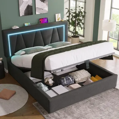 Obrázok produktu pre Postel s čalúneným rámom, rozmer 140x200 cm, s úložným priestorom, USB a Type C portmi, LED osvetlením, nastaviteľnou opierkou hlavy a poťahom z ľanu, bez matraca