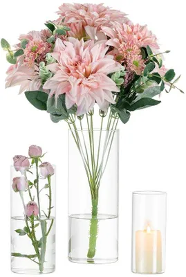 Immagine prodotto di Decorazioni da tavola in vetro: set di 3 vasi moderni in vetro, cilindri rotondi in vetro, cera per fiori, cera da tavola per matrimoni, salotto, bouquet, altezza 15/20/25 cm