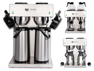 A collage of a commercial coffee maker with multiple views and configurations.