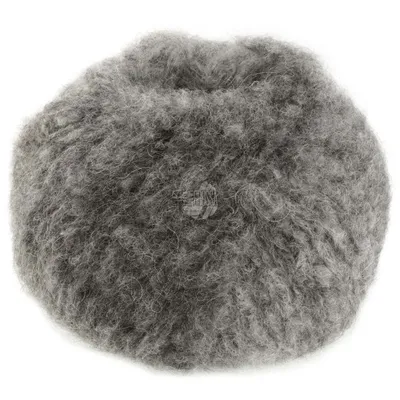 A close-up, isolated view of a ball of gray yarn.