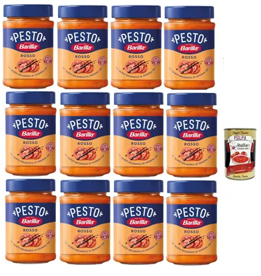 Produktbild von Barilla Pesto Rosso 12×200 g – Italienisches Tomaten-Pesto mit Aceto Balsamico di Modena g.g.A., cremig, aromatisch, vegetarisch, servierfertig, Familienvorrat + Italian Gourmet polpa