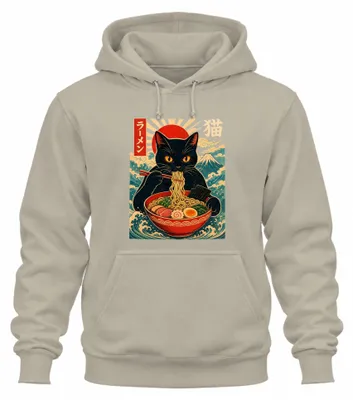 Zdjęcie produktu dla Czarna kotka, ramen, Japonia, anime, manga, kawaii, styl Y2K, bluza z kapturem z motywem makaronu, naturalny kolor, rozmiar M