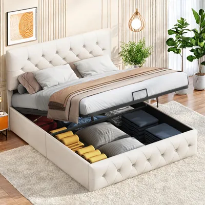 Zdjęcie produktu dla Łóżko platformowe INONEFT, 140x200 cm, obite tkaniną, idealne dla młodzieży, z pojemnikiem na pościel, tapicerowane, kolor: brzoskwiniowy