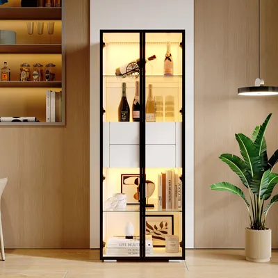 Immagine prodotto di Vetrina espositiva di 60 x 40 x 160 cm con porta in vetro temperato, 2 divisori in vetro regolabili, 2 cassetti, 4 ripiani e illuminazione LED integrata, con una capacità di carico di 60 kg, colore bianco