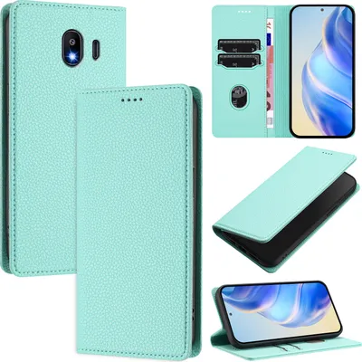 Produktbild von Litchi Leder Handyhülle für Samsung Galaxy J4 2018 Wallet Kartenfächer Standfunktion Hülle Türkis