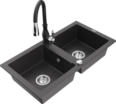 Produktbild von Mexen Mario 2-Becken-Granitspüle mit Mischbatterie Savita, Schwarz gesprenkelt - 6504-76-672601-70