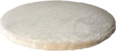 A round, plush cushion is shown from a slightly elevated angle against a white background.