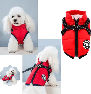 Produktbild von Winter-Haustier-Hundejacke mit Geschirr Winter-warme Hundekleidung für Labrador Wasserdichter Mantel für große Hunde Chihuahua Outfits, XL, Rot