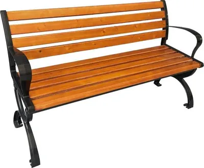A park bench with wooden slats and black metal legs and armrests, isolated on a white background.