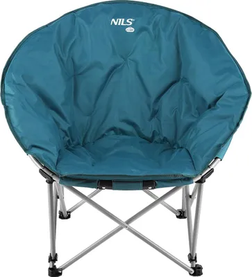 A teal camping chair with a silver metal frame is shown against a white background.