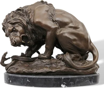 Produktbild von Bronzeskulptur Löwe Schlange nach Barye 41cm Antik-Stil Replik Kopie