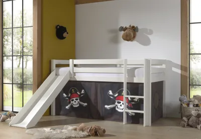 Image de Vipack Lit mi-hauteur PINO, avec toboggan et set textile "Caribian Pirate", finition pin massif laqué blanc