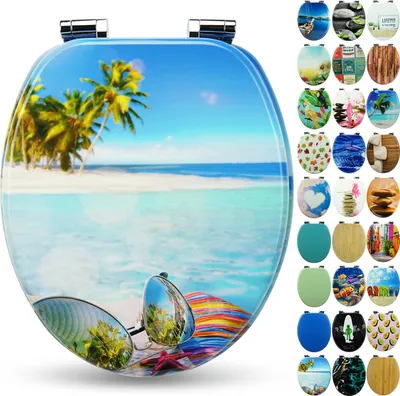 Produktbild von Sanfino® Premium WC Sitz "Hawaii" hochwertiger Toilettendeckel mit Absenkautomatik aus Holz, viele bunte Motive, einfache Montage