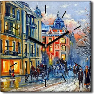 Produktbild von Coloray Uhr auf Leinwand 30x30 cm Wand Uhr Dekoration Wohnzimmer Segeltuch schwarze Hände -Winterstadtgebäude