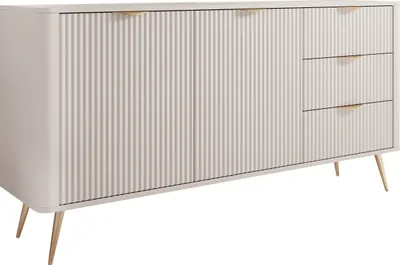 Produktbild von MIRJAN24 Kombikommode Lante 2D3S, Sideboard mit zwei Drehtüren und drei Schubladen, Metallfüße und Aluminiumgriffe, 164x38x82 cm (Farbe: Beige)