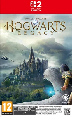 The cover art for the video game Hogwarts Legacy, showing Hogwarts castle and characters on a mount.