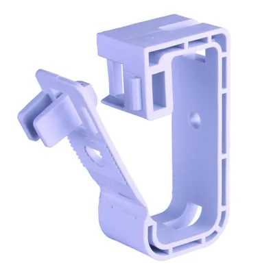 A white plastic cable management clip is shown against a white background.