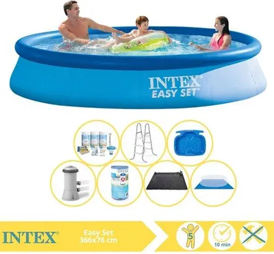 Produktbild von Intex Easy Set Schwimmbecken - Luftschwimmbecken - 366x76 cm - mit Reinigungspaket, Filter, Bodenabdeckung, Solarmatte, Einfassung und Fußbad