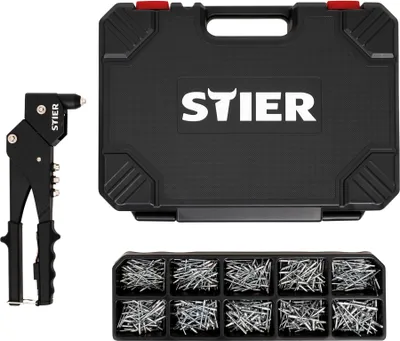 Produktbild von STIER Blindnieten-Satz Premium, mit 360°-Handnietzange, 500 Blindnieten, 501-teilig, aus Chrom-Vanadium-Stahl