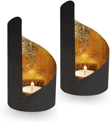 Produktbild von GADGY® Teelichthalter Schwarz mit Gold - Set Mit 2 Stück Kerzenhalter Gold - Mit Erstaunlicher Schatteneffekt In Jedem Raum - Deko Gold Wohnzimmer - Kerzenständer Schwarz Gold - Durch GADGY®