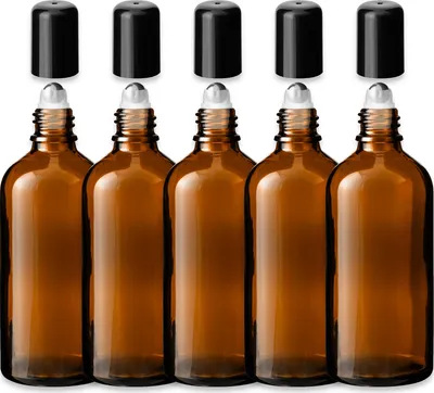 Produktbild von 5x Braune Glasflasche 100 ml Roll On mit schwarzem Verschluss 18/415