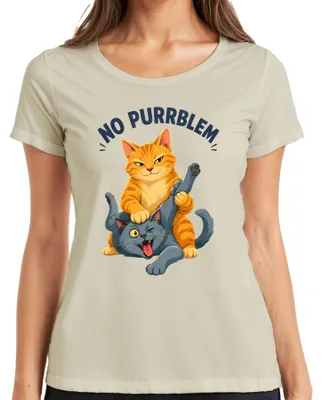 Immagine prodotto di T-shirt da donna con scritta "No Purrblem", design divertente con gatti che litigano, stile sarcastico e umoristico, con la scritta "Miau", colore naturale, taglia 3XL