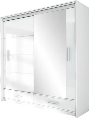 Produktbild von Schwebetürenschrank MARSEILLE 203 cm mit Spiegel & Schublade – Kleiderschrank Hochglanz modern Schlafzimmer (Weiss)