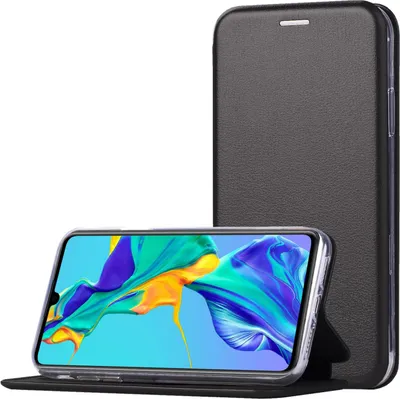 A black flip case for a smartphone is shown, with the phone inside displaying a colorful abstract image. The case is standing upright in the background, and the phone is lying flat in the foreground.