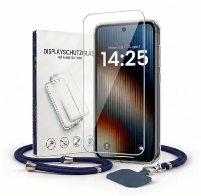 Produktbild von Handyhülle für Samsung Galaxy S25 mit Handykette und 9H Displayglas Displayschutz Band in Blau Kordel Hülle Case Schutzhülle Transparent