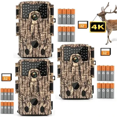 Obrázek produktu pro Fotopast 4K 48 MP s videem, 32 GB kartou, 8 bateriemi, snímačem pohybu, nočním viděním, 120° širokoúhlým objektivem, infračerveným osvětlením, krytím IP66, vodotěsná, 3 ks