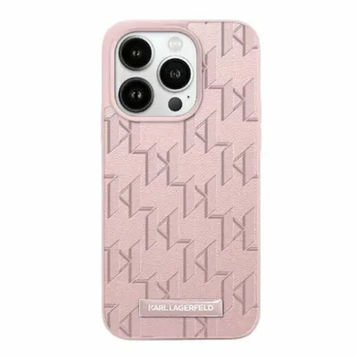 Productafbeelding van Telefoonsleeve Karl Lagerfeld, leer, met monogram en metalen logo, voor iPhone 15 Pro - Roze